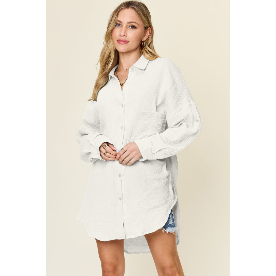 Double Take Full Size Pocketed Texture Button Up Shirt White / S Shirts & Tops