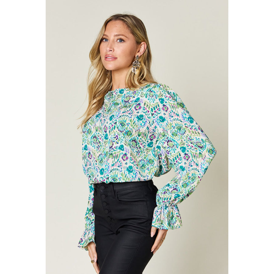 Double Take Full Size Printed Flounce Sleeve Blouse Apparel and Accessories