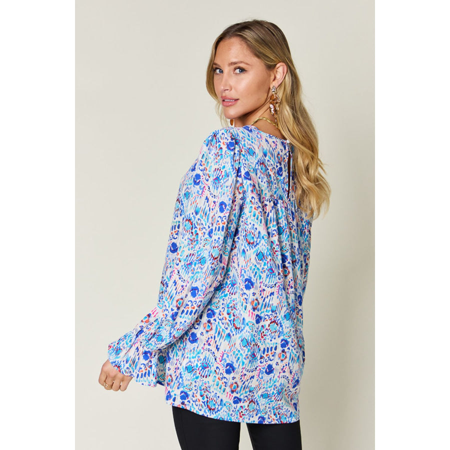 Double Take Full Size Printed Flounce Sleeve Blouse Apparel and Accessories