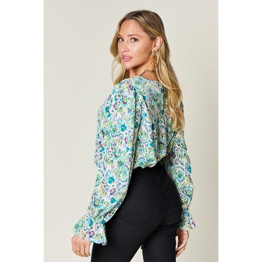Double Take Full Size Printed Flounce Sleeve Blouse Apparel and Accessories