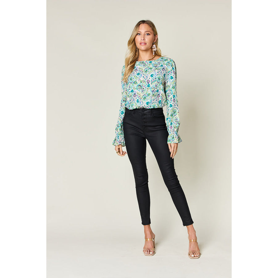 Double Take Full Size Printed Flounce Sleeve Blouse Apparel and Accessories