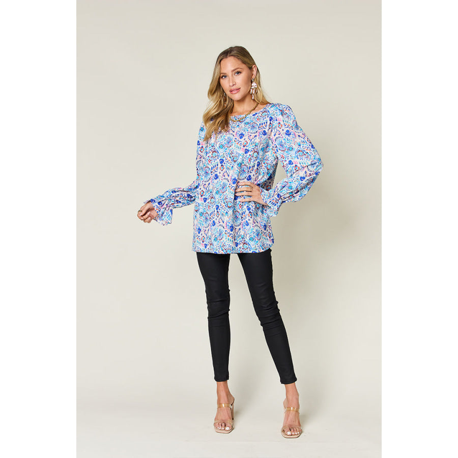 Double Take Full Size Printed Flounce Sleeve Blouse Apparel and Accessories