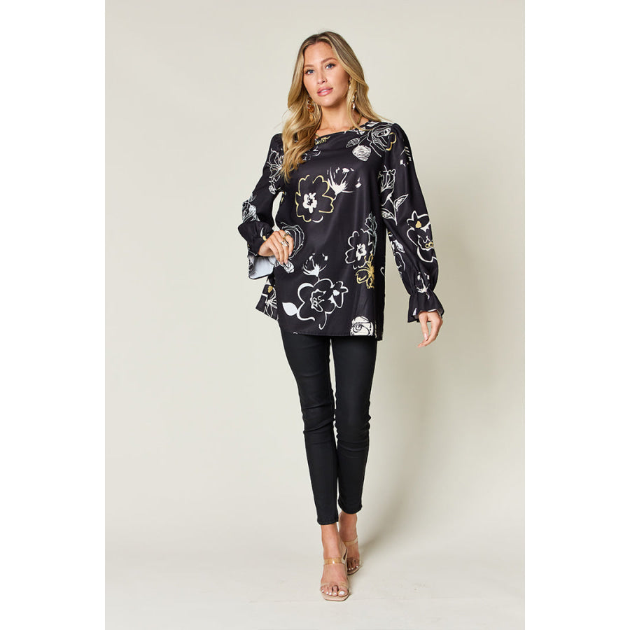 Double Take Full Size Printed Flounce Sleeve Blouse Apparel and Accessories