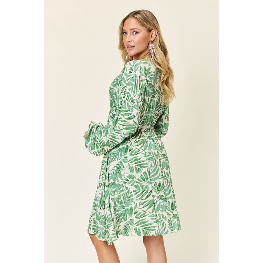 Double Take Full Size Printed Ruched Balloon Sleeve Dress Apparel and Accessories