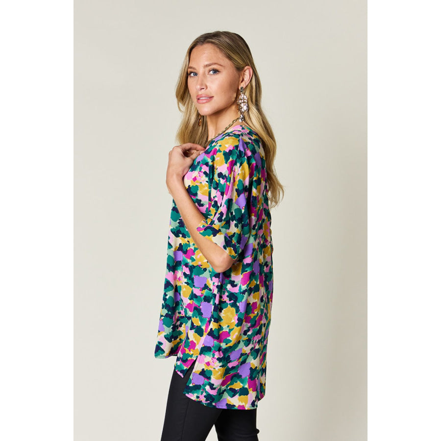 Double Take Full Size Printed V-Neck Short Sleeve Blouse Apparel and Accessories