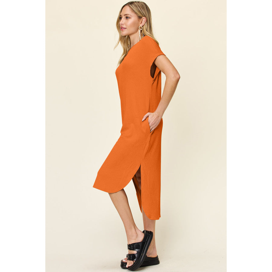 Double Take Full Size Round Neck Short Sleeve Slit Dress Apparel and Accessories