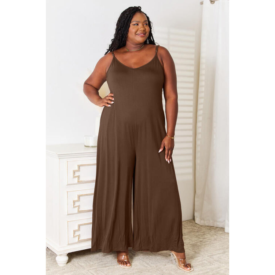 Double Take Full Size Soft Rayon Spaghetti Strap Tied Wide Leg Jumpsuit Mocha / S