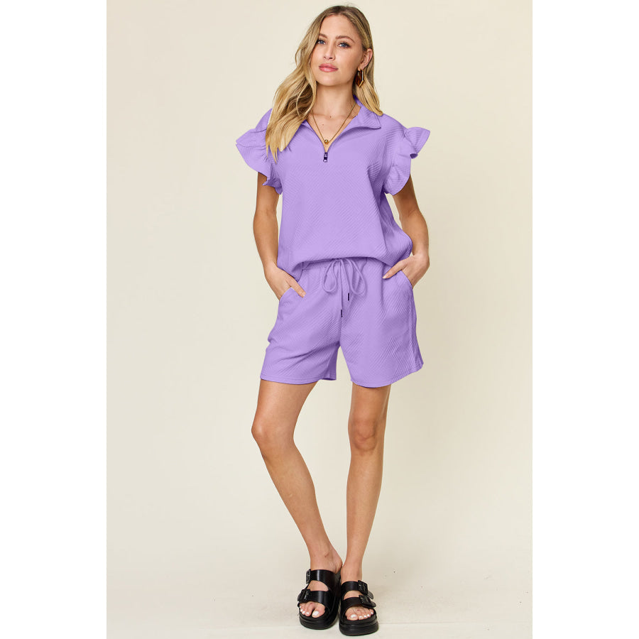 Double Take Full Size Texture Flounce Sleeve Top and Drawstring Shorts Set Apparel and Accessories