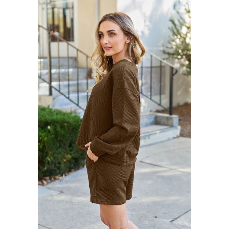 Double Take Full Size Texture Long Sleeve Top and Drawstring Shorts Set Clothing