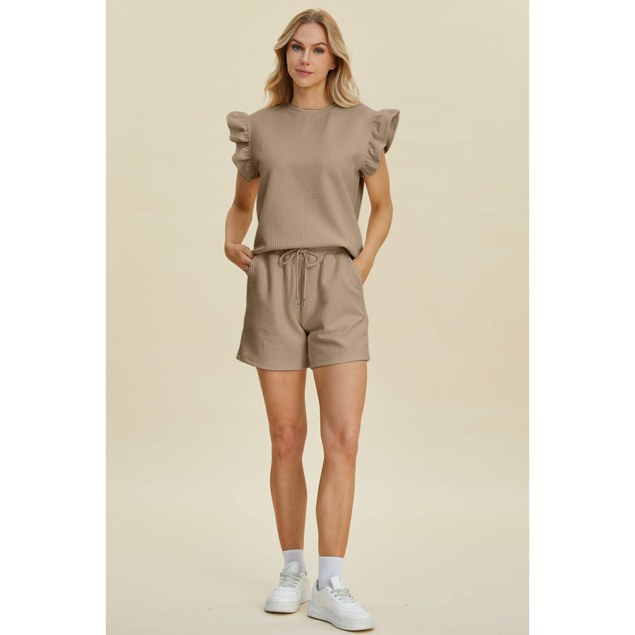 Double Take Full Size Texture Round Neck Ruffle Sleeve Top and Shorts Set Apparel and Accessories