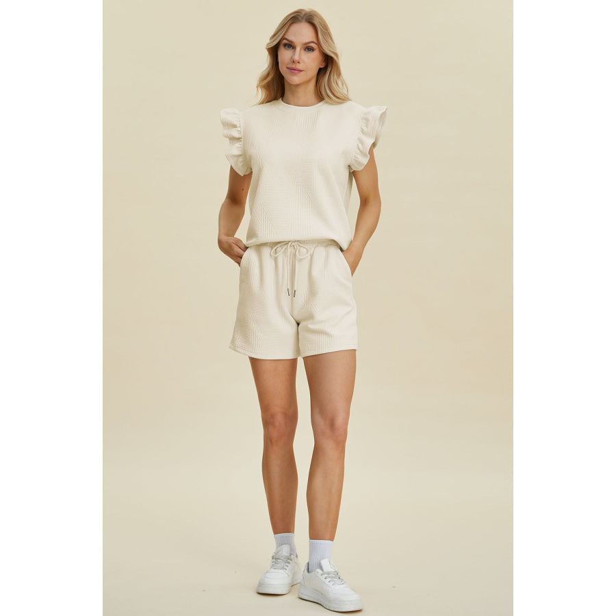 Double Take Full Size Texture Round Neck Ruffle Sleeve Top and Shorts Set Apparel and Accessories