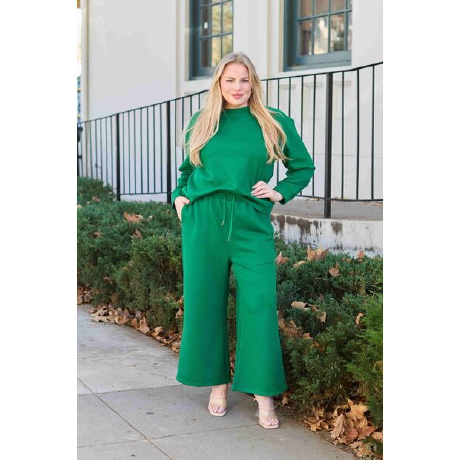 Double Take Full Size Textured Long Sleeve Top and Drawstring Pants Set Clothing