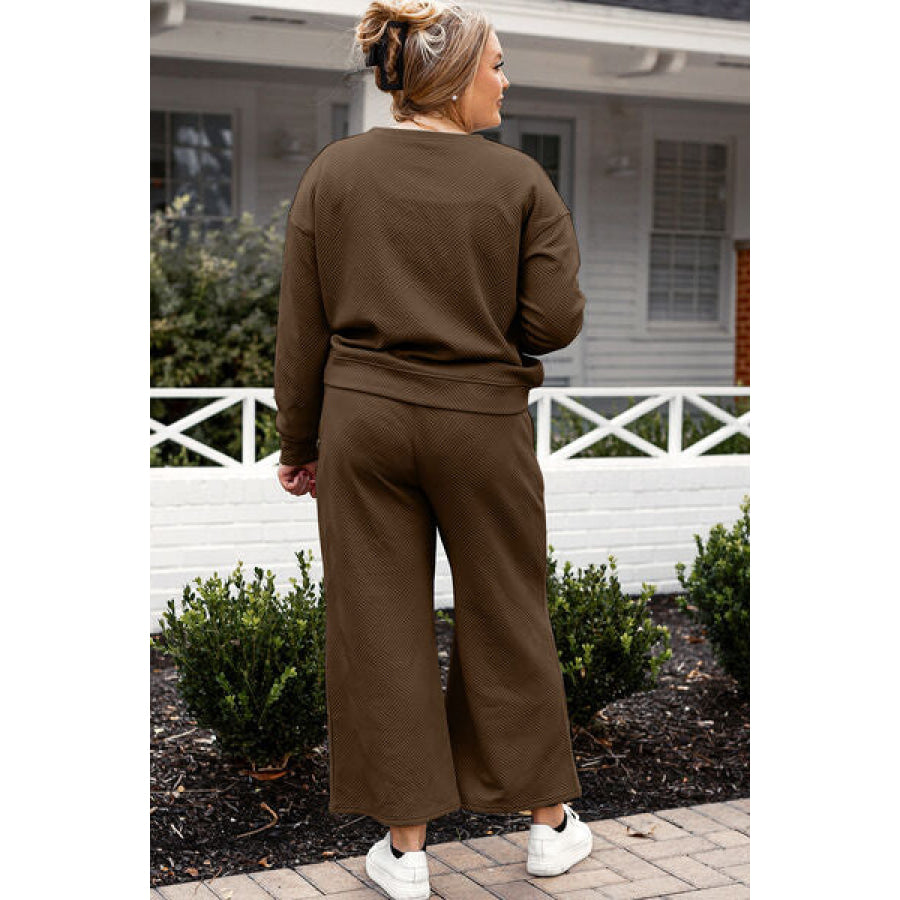Double Take Full Size Textured Long Sleeve Top and Drawstring Pants Set Clothing