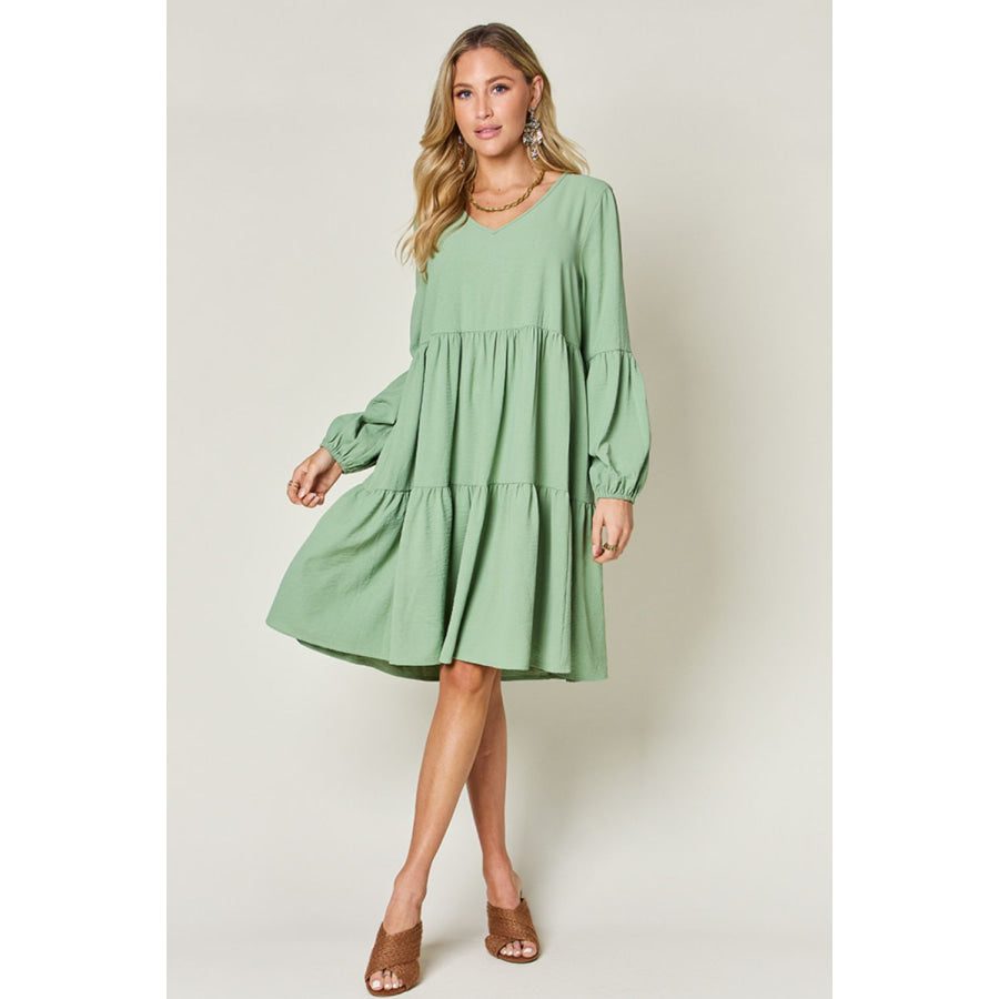 Double Take Full Size V - Neck Balloon Sleeve Tiered Dress Apparel and Accessories