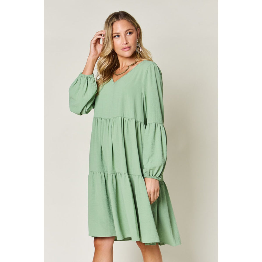 Double Take Full Size V - Neck Balloon Sleeve Tiered Dress Apparel and Accessories