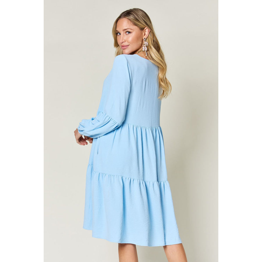 Double Take Full Size V - Neck Balloon Sleeve Tiered Dress Apparel and Accessories