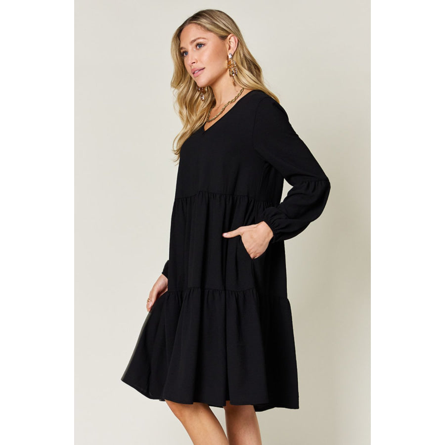 Double Take Full Size V - Neck Balloon Sleeve Tiered Dress Apparel and Accessories