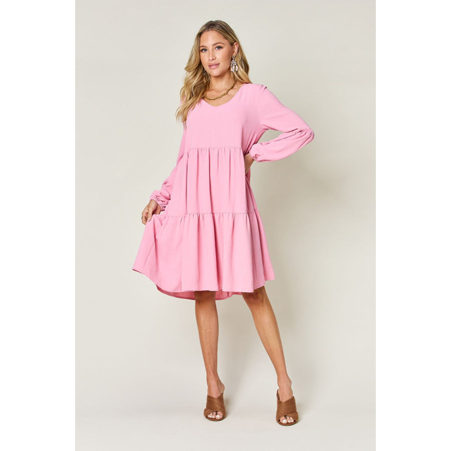 Double Take Full Size V - Neck Balloon Sleeve Tiered Dress Apparel and Accessories