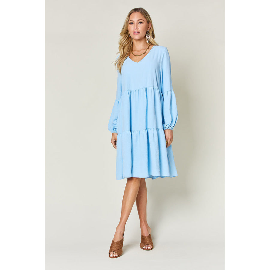 Double Take Full Size V - Neck Balloon Sleeve Tiered Dress Apparel and Accessories