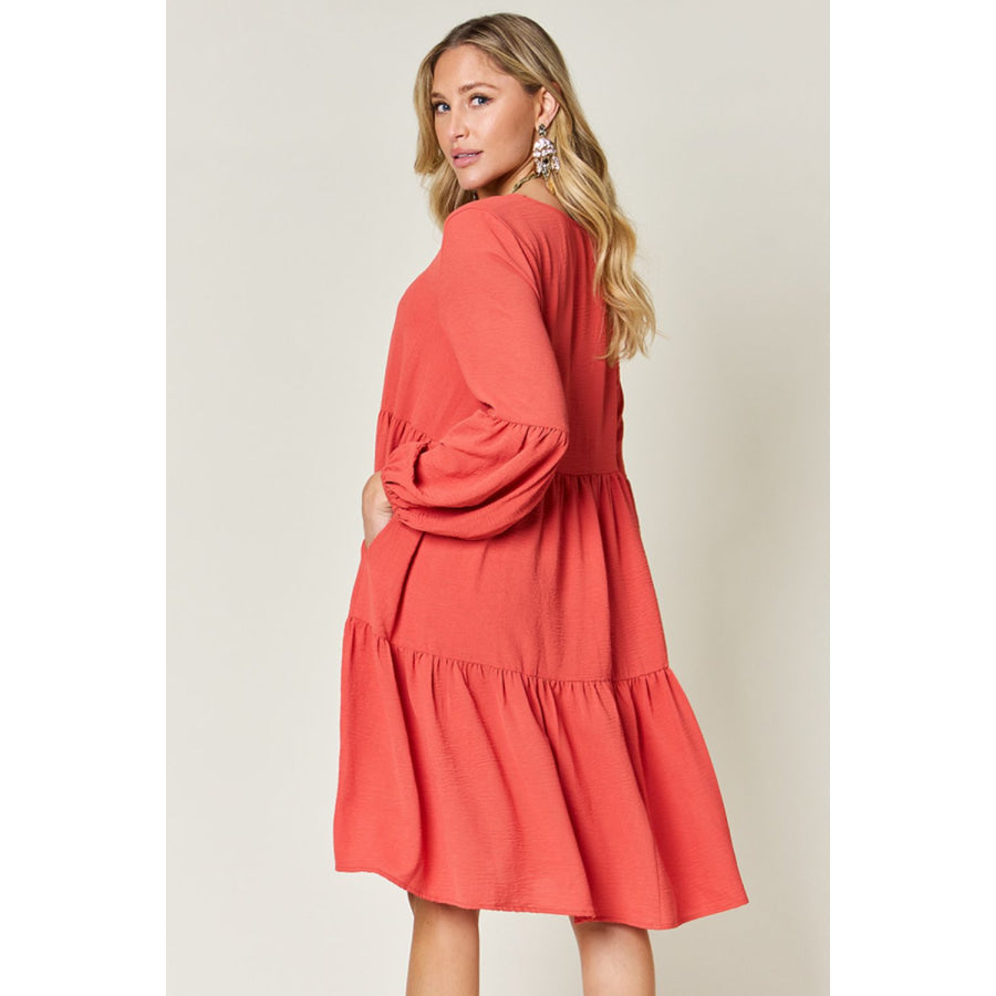 Double Take Full Size V - Neck Balloon Sleeve Tiered Dress Apparel and Accessories