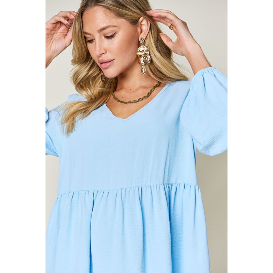 Double Take Full Size V - Neck Balloon Sleeve Tiered Dress Apparel and Accessories