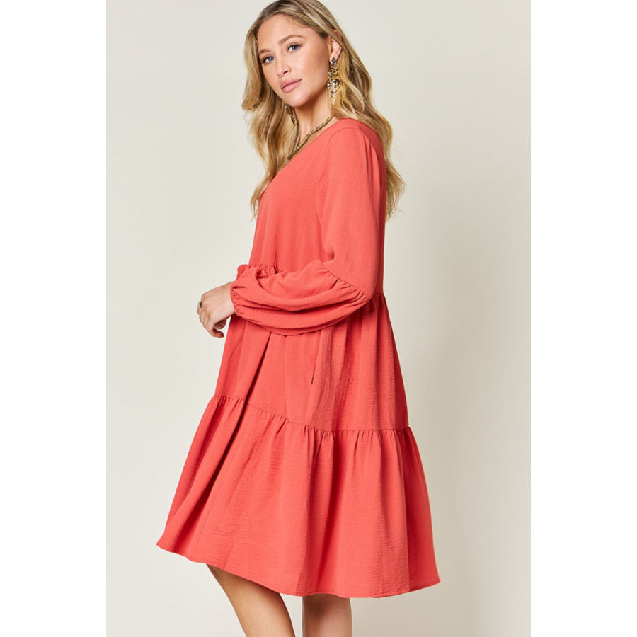 Double Take Full Size V - Neck Balloon Sleeve Tiered Dress Apparel and Accessories