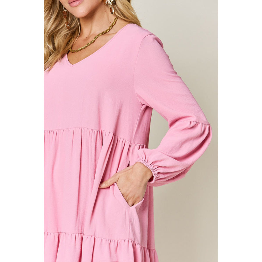 Double Take Full Size V - Neck Balloon Sleeve Tiered Dress Apparel and Accessories