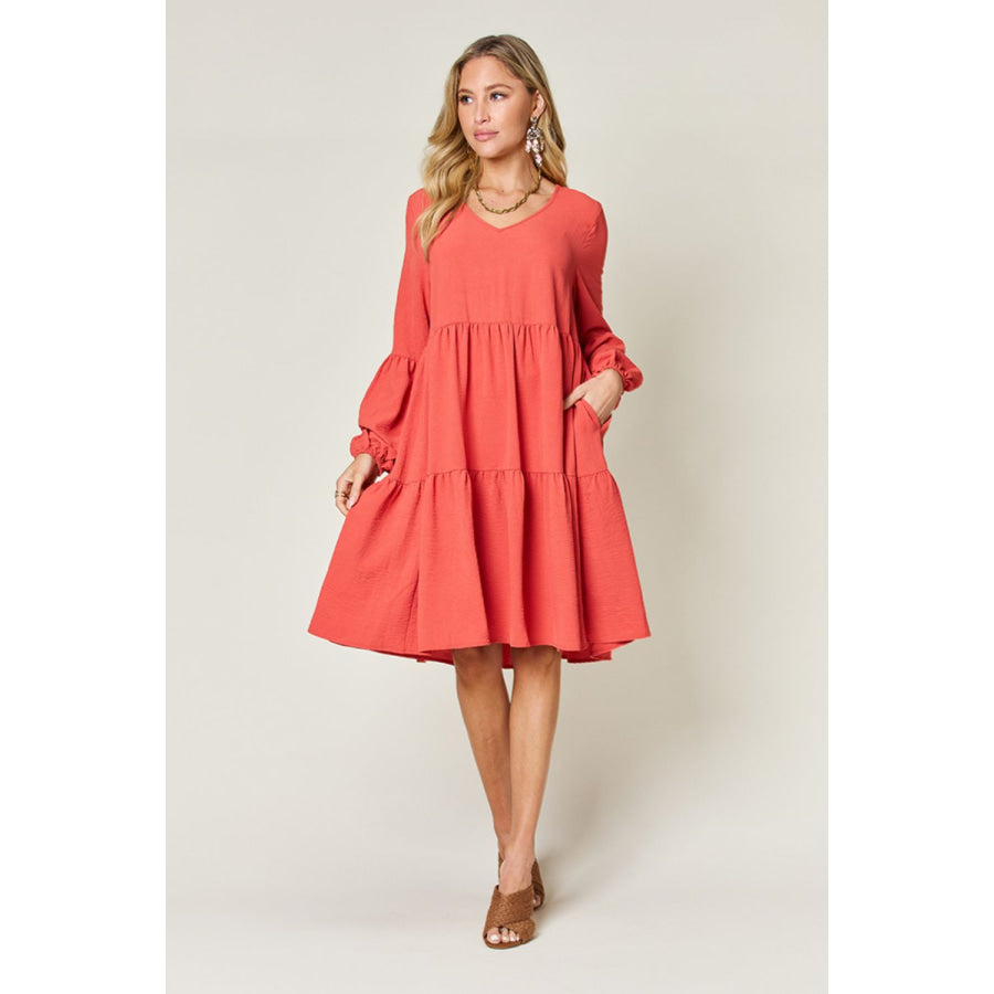 Double Take Full Size V - Neck Balloon Sleeve Tiered Dress Apparel and Accessories