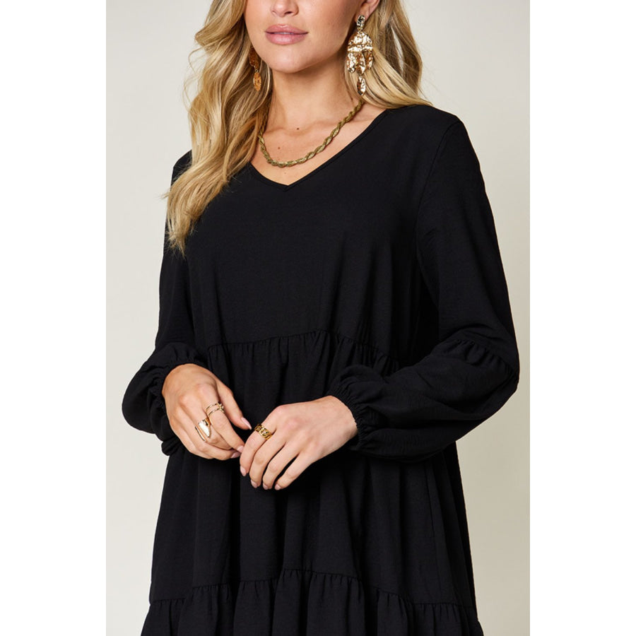 Double Take Full Size V - Neck Balloon Sleeve Tiered Dress Apparel and Accessories