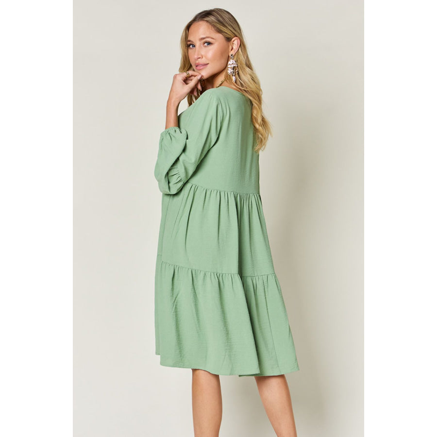 Double Take Full Size V - Neck Balloon Sleeve Tiered Dress Apparel and Accessories