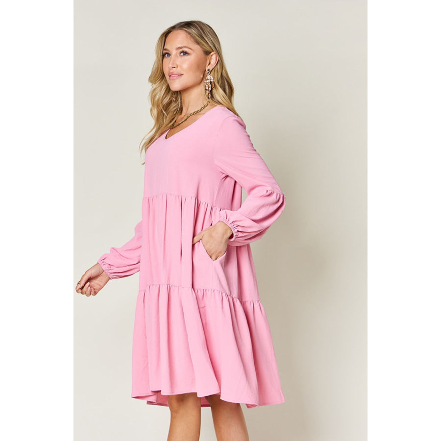 Double Take Full Size V - Neck Balloon Sleeve Tiered Dress Apparel and Accessories