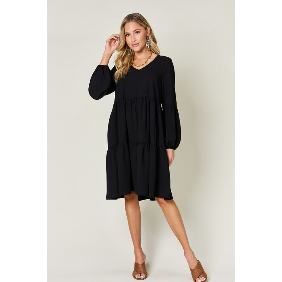 Double Take Full Size V - Neck Balloon Sleeve Tiered Dress Apparel and Accessories