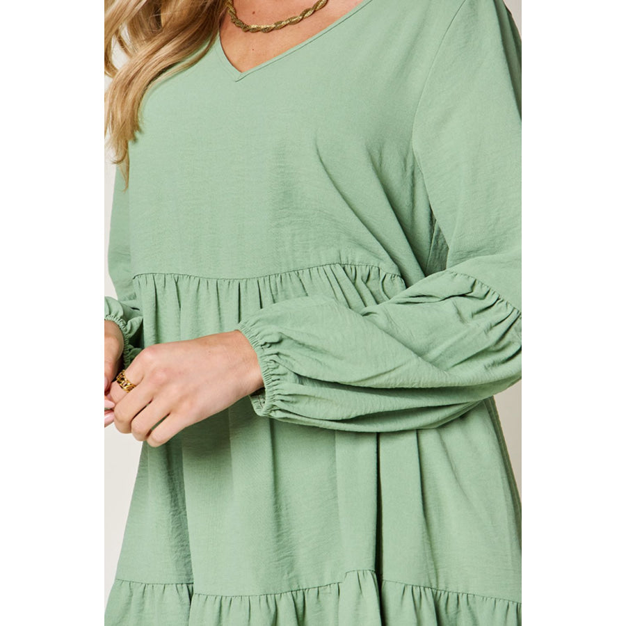 Double Take Full Size V - Neck Balloon Sleeve Tiered Dress Apparel and Accessories