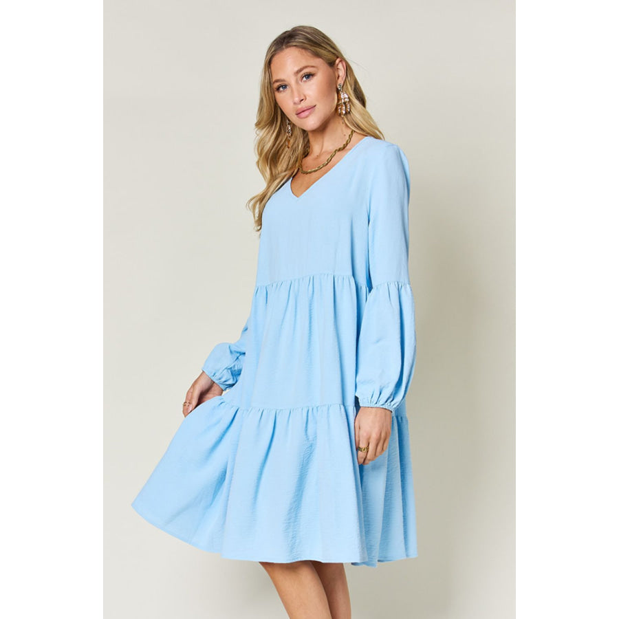 Double Take Full Size V - Neck Balloon Sleeve Tiered Dress Apparel and Accessories