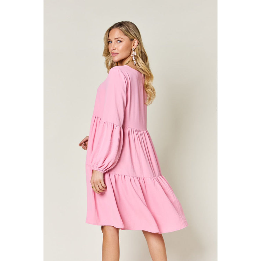 Double Take Full Size V - Neck Balloon Sleeve Tiered Dress Apparel and Accessories