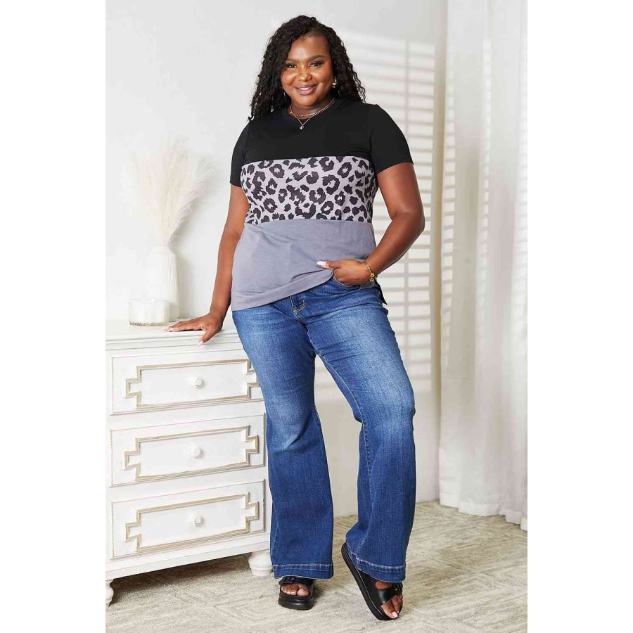 Double Take Leopard Print Color Block Short Sleeve T-Shirt Apparel and Accessories