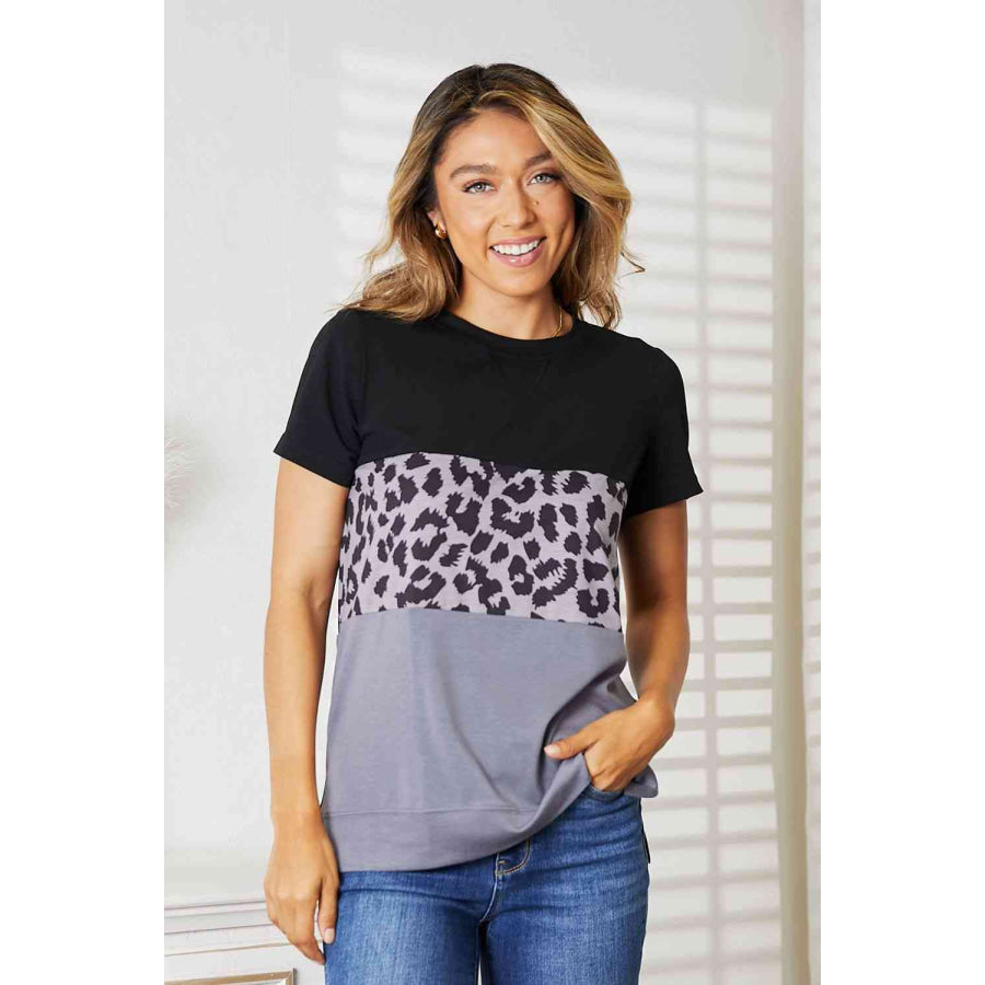 Double Take Leopard Print Color Block Short Sleeve T-Shirt Apparel and Accessories