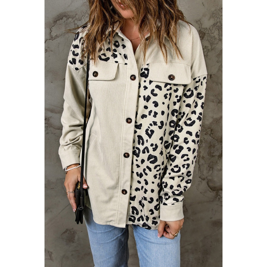 Double Take Leopard Print Pocketed Corduroy Jacket Ivory / S