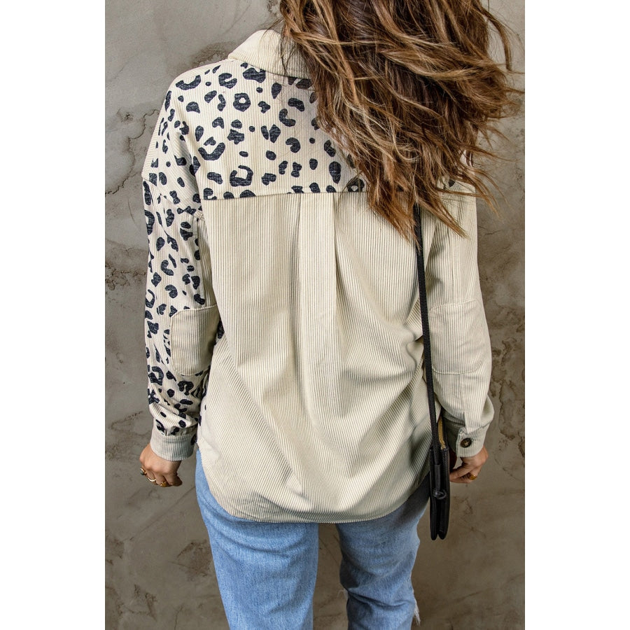 Double Take Leopard Print Pocketed Corduroy Jacket Ivory / S