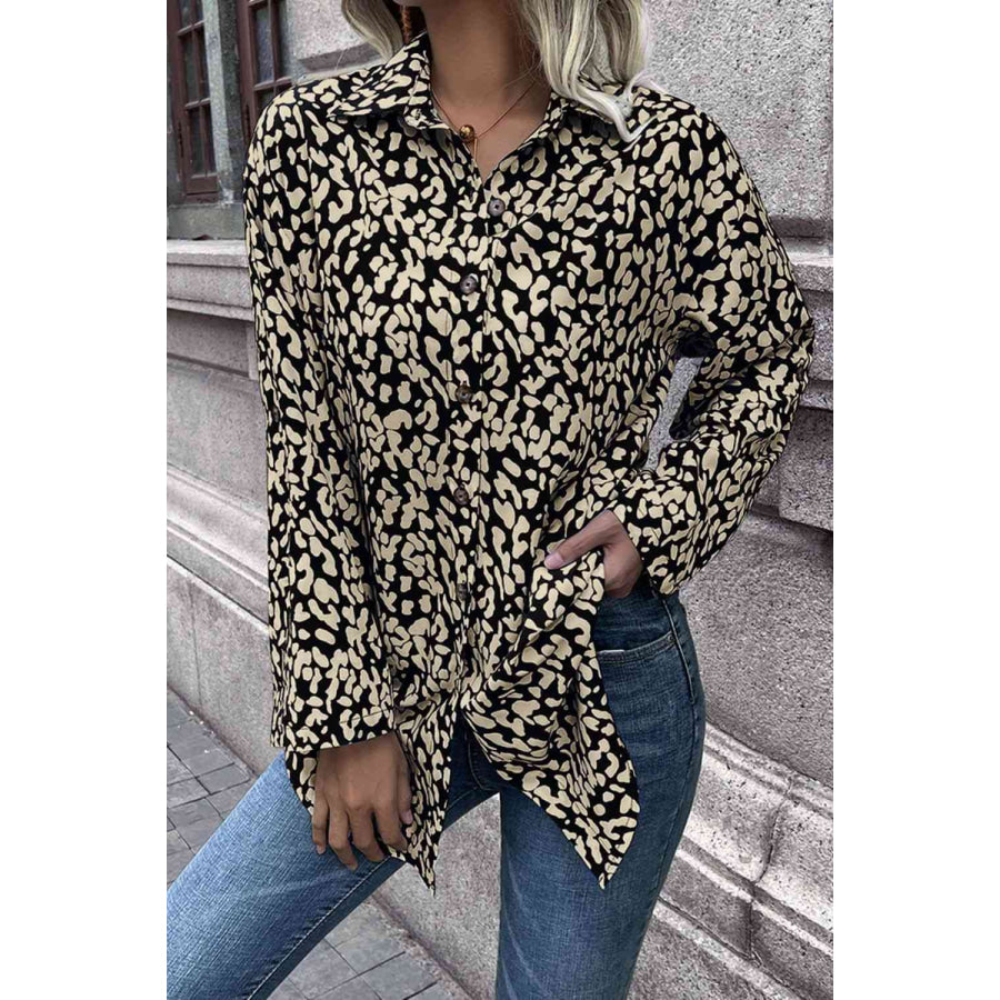 Double Take Leopard Roll-Tap Sleeve Shirt Black / S Shirts & Tops