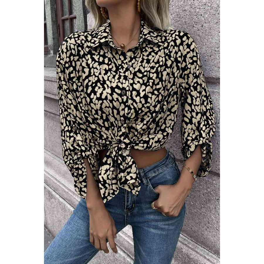 Double Take Leopard Roll-Tap Sleeve Shirt Shirts & Tops