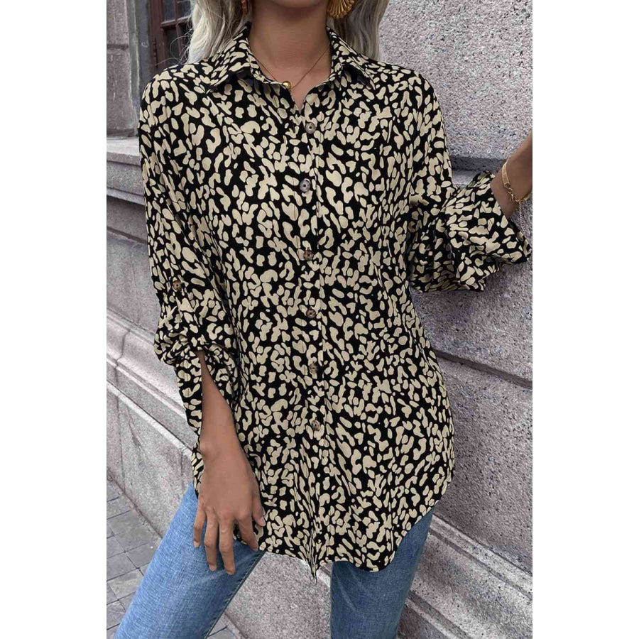Double Take Leopard Roll-Tap Sleeve Shirt Shirts & Tops