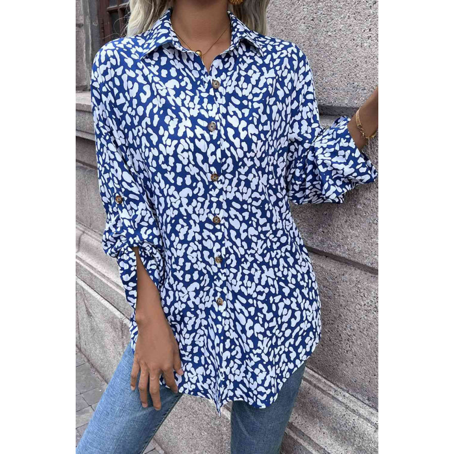 Double Take Leopard Roll-Tap Sleeve Shirt Shirts & Tops