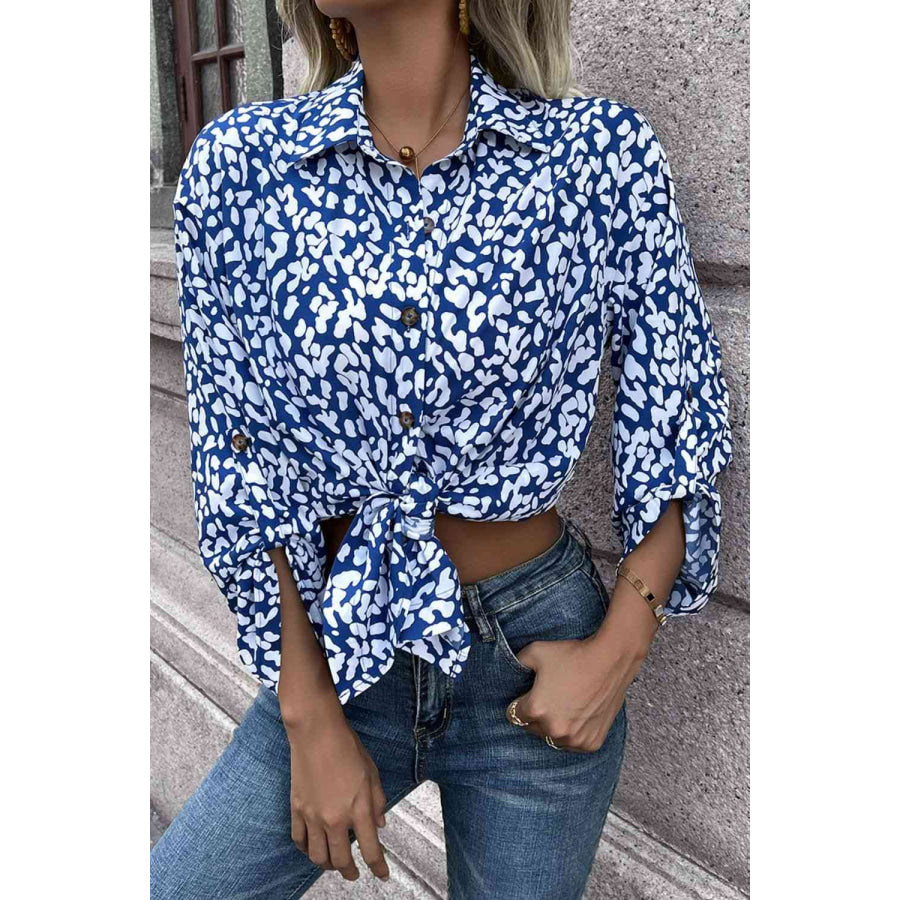 Double Take Leopard Roll-Tap Sleeve Shirt Shirts & Tops