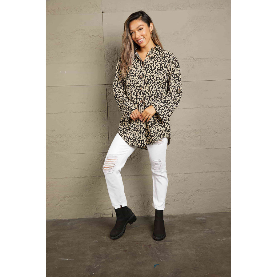 Double Take Leopard Roll-Tap Sleeve Shirt Shirts & Tops