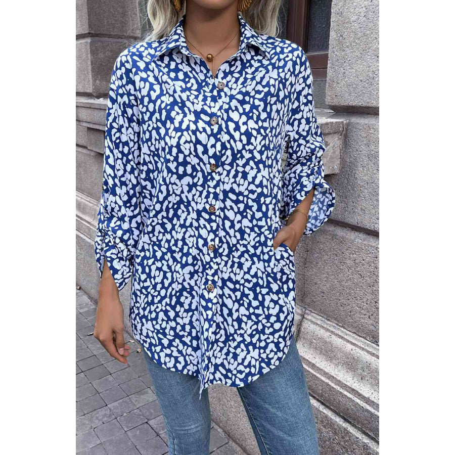 Double Take Leopard Roll-Tap Sleeve Shirt Shirts & Tops