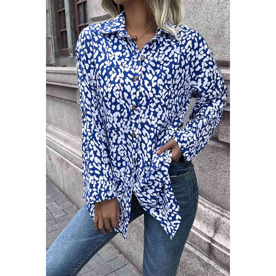Double Take Leopard Roll-Tap Sleeve Shirt Sky Blue / S Shirts & Tops