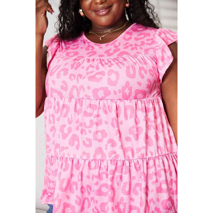 Double Take Leopard Round Neck Tiered Blouse Apparel and Accessories