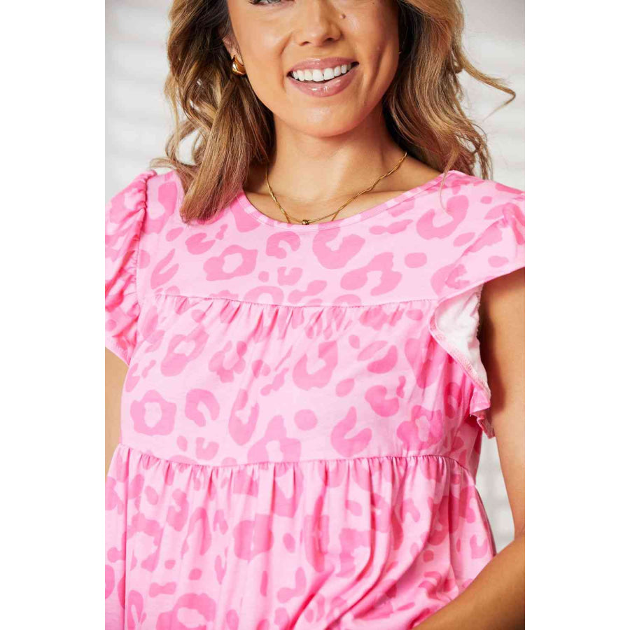 Double Take Leopard Round Neck Tiered Blouse Apparel and Accessories