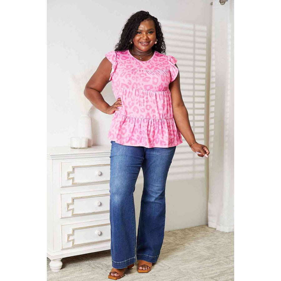 Double Take Leopard Round Neck Tiered Blouse Apparel and Accessories